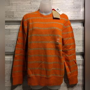 GAP Men's Orange and Gray Striped Crewneck Sweater